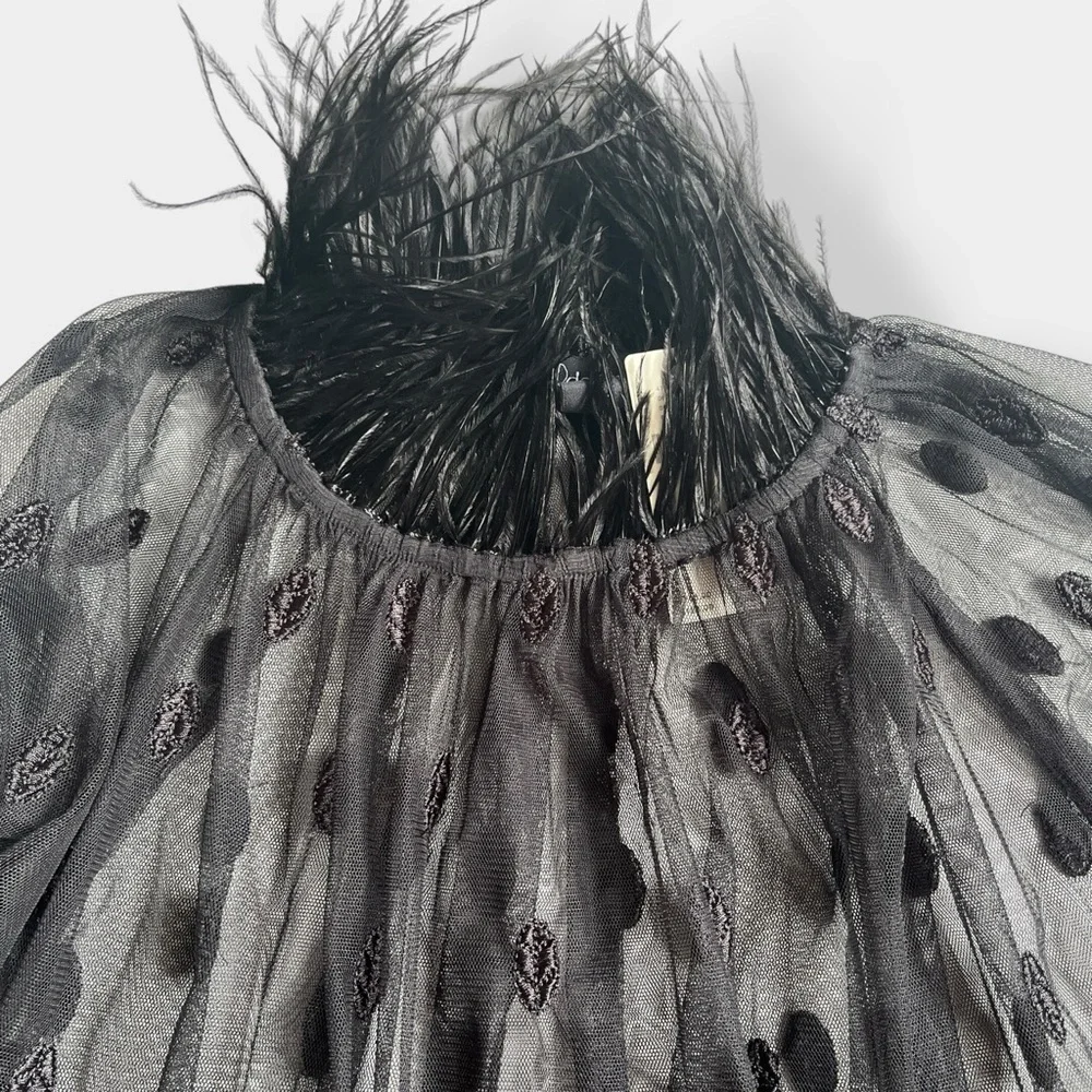 Anthropologie Rdalamal Black Ruffled Sheer Blouse Long Sleeve Feather Trim New M - Picture 7 of 13